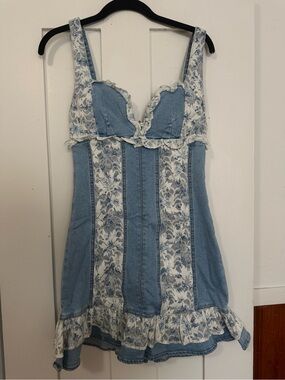The Vintage Shop Denim and Floral Lace Detail Mini Dress